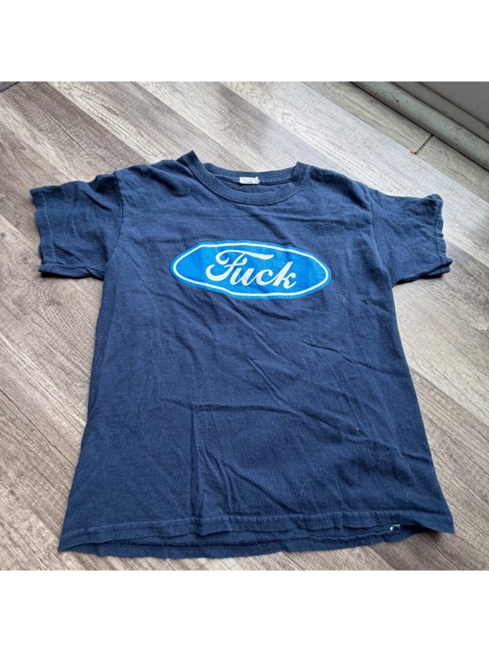 Vintage Blue "F" Ford Parody Graphic T-Shirt Cotton Size S Pre-Owned